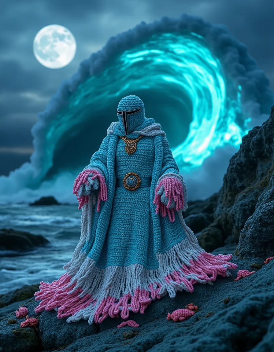 A powerful sea sorcerer adorned in crocheted robes in the ral-kntarmr style, inspired by oceanic themes with wave-like patterns and shell-shaped accents. Their attire is crafted in shades of aquamarine, pearlescent white, and coral pink, with crocheted tendrils flowing like water from their sleeves and hem. They stand on a rocky shore under a moonlit sky, surrounded by glowing tide pools filled with bioluminescent crocheted sea creatures. Behind them, a towering wave frozen in time, made of glowing threads, creates a dramatic and magical backdrop
<lora:ral-kntarmr-flux-000007:1>