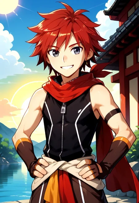((masterpiece)), ((best quality)), ((ultra-detailed)), ((absurdres)), score_9_up, score_8_up, score_7_up,
HD, top quality, best quality, amazing quality, High-quality illustrations, anime screencap, source_anime, best aesthetic, perfect proportions, perfect eyes, 1boy, 1male, solo boy, solo male, male focus, solo male focus, Anime, boy, male anime character, anime boy, ((kawaii, cute, charming)), ((small, small body, small height)), ((thin body, slender body, slim body, small body)), ((looking at front, looking at viewer)), ((front shot, front view, view from front)), Kousuke Fukuoka, ((red hair)), black-gray eyes, ((big eyes, kawaii eyes)), long red scarf, black shirt, zipper, sleeveless, brown arm gloves, fingerless gloves, light brown waistcloth, red waistcloth, updn, easynegative, neghands, Expressiveh, ((cowboy shot, head to hips shot)), ((traditional japanese background, outside, sun, clouds)), ((joyful look, happy expression, smile)), ((hands on hips pose))