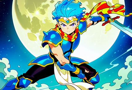 masterpiece, best quality, amazing quality, very aesthetic, absurdres, newest, ceodorff4tay, 1boy, short blue hair, sleeveless, circlet, patterned scarf, spiked pauldrons, blue armor, blue vambraces, white loncloth, blue thighigh greaves, black pants, holding sword, action pose, looking at viewer, toned male, full moon background, (((young adult)))