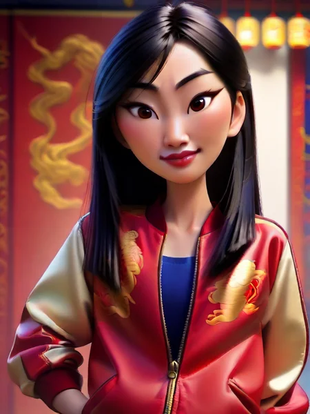 red jacket, mulan, A woman with long black hair wearing a red and gold jacket, smiling at the viewer, 1girl, solo, long hair, looking at viewer, smile, brown eyes, closed mouth, upper body, parted lips, indoors, blunt bangs, zipper, red jacket, realistic, open jacket,   
<lora:princess_rc_il:0.9>