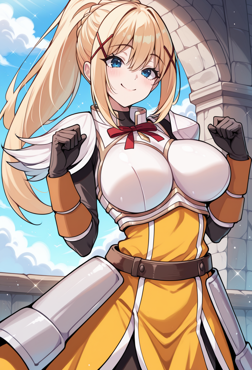 masterpiece, best quality, high quality, anime, <lora:AEDarknessIlx:1>AEDarknessDef, blonde hair, blue eyes, braid, hair between eyes, high ponytail, long hair, sidelocks, x hair ornamet, black bodysuit, armored dress, yellow dress, red ribbon, boobplate, shoulder armor, faulds, black gloves, belt, long skirt, 
cowboy shot, smile, clenched hands, hands up, happy,