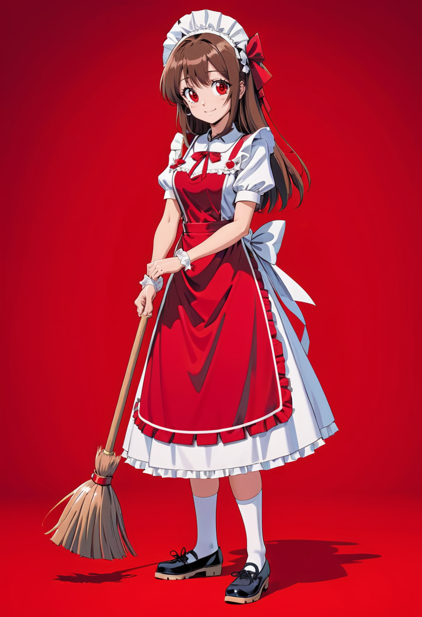 aniduskxl,  1990s , (style),  1girl,  apron,  broom,  brown hair,  dress,  enmaided,  full body,  long hair,  looking at viewer,  maid,  maid apron,  maid headdress,  mary janes,  red background,  red eyes,  shoes,  short sleeves,  simple background,  smile,  socks,  solo,  sparkle,  anime,  retro art style,  flat color , <lora:AnimeSDXLv2:0.8>