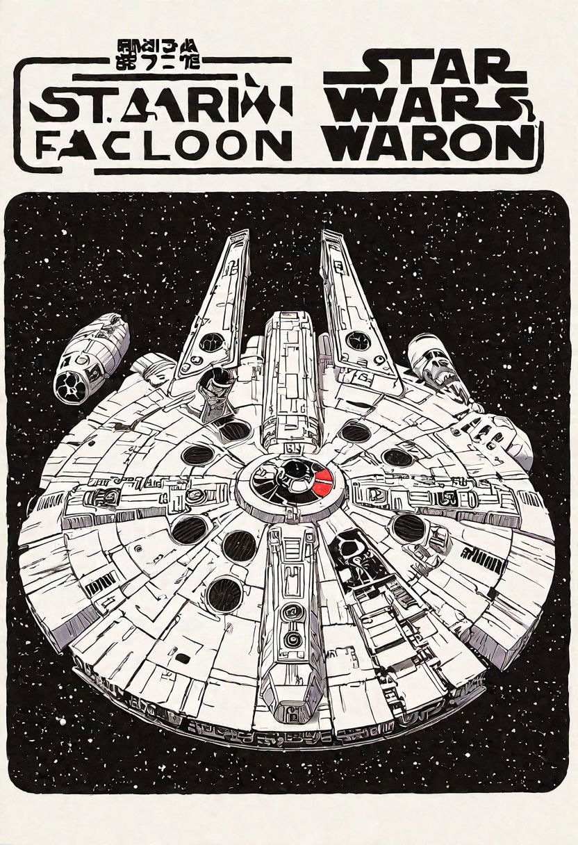 Japanese Manga book cover of star wars Millennium Falcon, book cover with text "Star Wars", Akira toriyama style , blank background , full colour, hand drawing