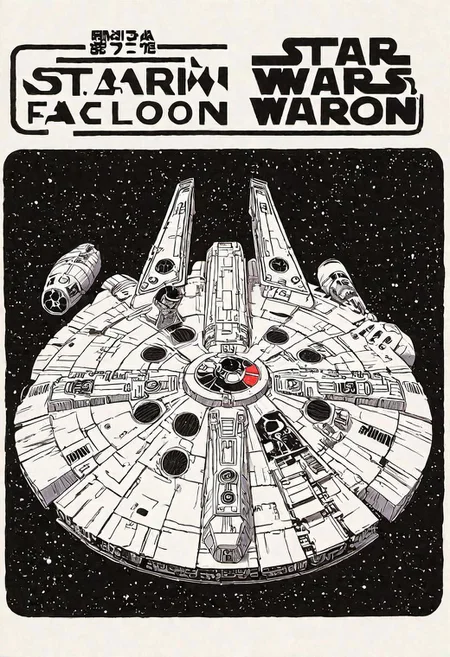 Japanese Manga book cover of star wars Millennium Falcon, book cover with text "Star Wars", Akira toriyama style , blank background , full colour, hand drawing