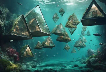 <lora:Triangle Glass Houses Artstyle - Trigger is trhs artstyle:0.5> trhs artstyle, (lost city underwater full of triangle glass houses.:1.4)