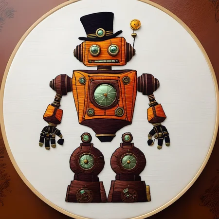 embrodarythreadart,<lora:embrodary_thread_art:1>, steampunk robot happy Funny cartoonish, by Gediminas Pranckevicius