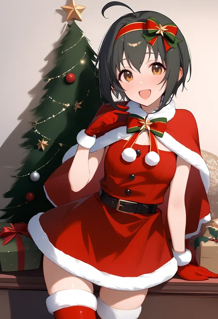 1girl,blush,kohinata miho,solo,christmas,hairband,looking at viewer,open mouth,smile,capelet,santa costume,thighhighs,bow,dress,fur trim,red gloves,<lora:a31_char_new_kohinata_miho-000024:1>masterpiece, best quality, absurdres<lora:a31_style_koni-000010:0.8>