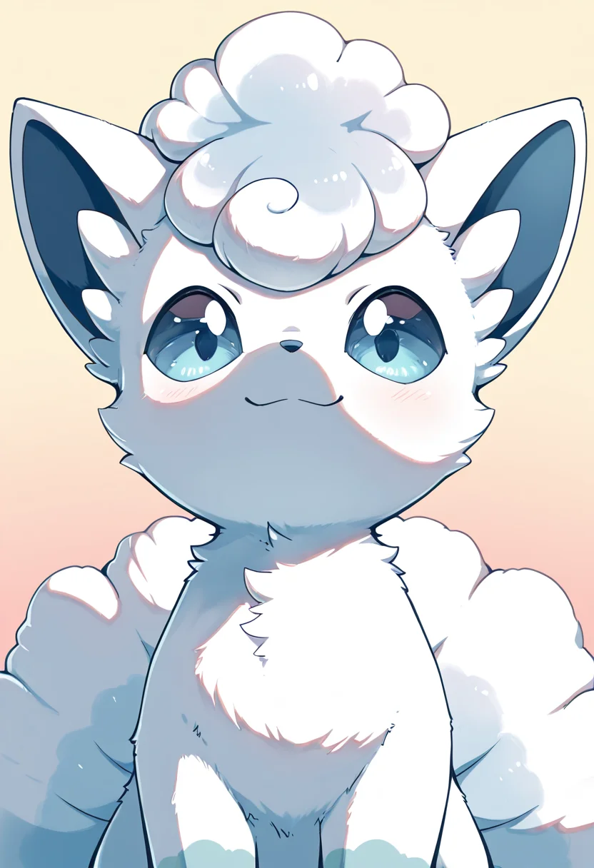 masterpiece, best quality, no humans, zzVulpixA, fluffy, foreshortening, (upper body), smile, looking at viewer, gradient background, ,<lora:VulpixAlolanPokedex_IXL_v1:1.0>,