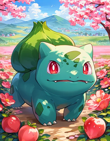 score_9, score_8_up, score_7_up, source_anime BREAK
Bu1b4s4ur, blue-green body, teal spots, claws, fangs, red eyes, white pupils, green plant bulb, pokemon \(creature\),
(looking at viewer:1.4), straight-on, mouth hold, berry, holding berry in mouth, facing viewer
sideview, from side
background: flower field, roses, garden, bloom, bokeh
(solo:1.6)
<lora:Bulbasaur:1>