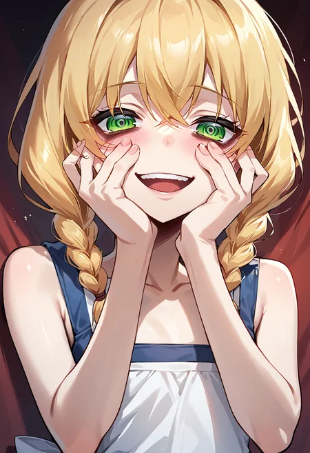 masterpiece, best quality, source_anime, uncensored, score_9, score_8_up, score_7_up, score_6_up, score_5_up, score_4_up, 1girl, solo, viola, blonde hair, twin braids, hair over shoulder, green eyes, expressiveh, flat chest, sleeveless dress, dress, apron, expressiveh, yandere trance, yandere, hands on own cheeks, hands on own face, crazy eyes, crazy smile, crazy, hand on own face, open mouth, blush, looking at viewer, <lora:EllenViolaWitchHouse:0.8> <lora:add-detail-xl:0.5> <lora:cfg_scale_boost:0.5> <lora:Expressive_H:0.6> <lora:yandere-trance-ponyxl-lora-nochekaiser:1>