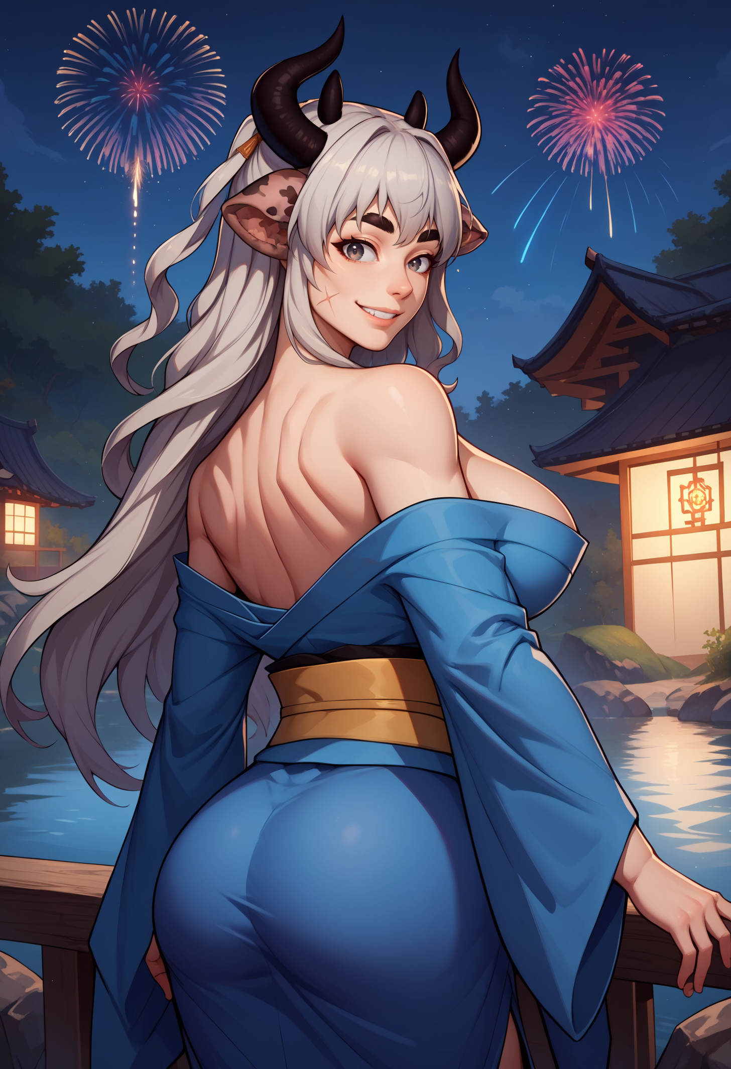 score_9, score_8_up, score_7_up, BREAK 1girl, solo, oxma, cow girl, horns, grey eyes, scar on cheek, long hair, grey hair, large breasts, <lora:OxenKingUmaPDXL_V1-Manityro-CAME:1.0>, outdoors, night, dark, fireworks, river,
looking at viewer, looking back, smile, cowboy shot, toned, rear view,
blue kimono, off-shoulder kimono,