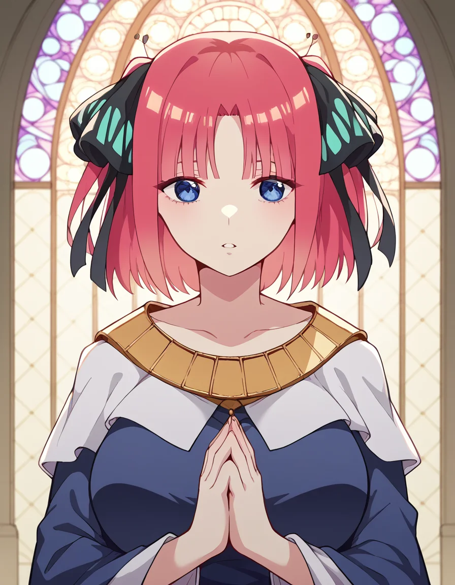 score_9, score_8_up, score_7_up, source_anime, <lora:nnakano-s2-ponyxl-lora-nochekaiser:1>, short hair, bangs, blue eyes, hair ornament, hair ribbon, pink hair, blunt bangs, two side up, butterfly hair ornament, large breasts,, <lora:buddhist-nun-ponyxl-lora-nochekaiser:1>, buddhist nun, nun, habit, vitakra mudra, mudra, coif, gold necklace, priestess,, church, parted lips, praying,, cowboy shot