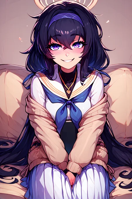 score_9, score_8_up, score_8, medium breasts, (curvy), cute, eyelashes,      ,,, zzUi, long hair, black hair, hairband, halo, bags under eyes, hair between eyes, blue hairband, very long hair, blue eyes, purple eyes, cardigan, long sleeves, pleated skirt, white skirt, holding book, white sailor collar, blue neckerchief, necklace, blush, white serafuku, long skirt, sweater, low twintails, off shoulder, <lora:Ui_BlueArchive_PDXL:1.0>, ,,, hand between legs, blush, smug,  ,,,  smile, looking at viewer, blush, blurry, couch, sitting,   ,,, <lora:Afrobull_PDXL_v5:0.8>, ,  ,,, BREAK,   smile, looking at viewer, cowboy shot,   embedding:zPDXL, Expressiveh, <lora:SDXLFaeTastic2400:0.5>,  <lora:Expressive_H-000001:0.4>,