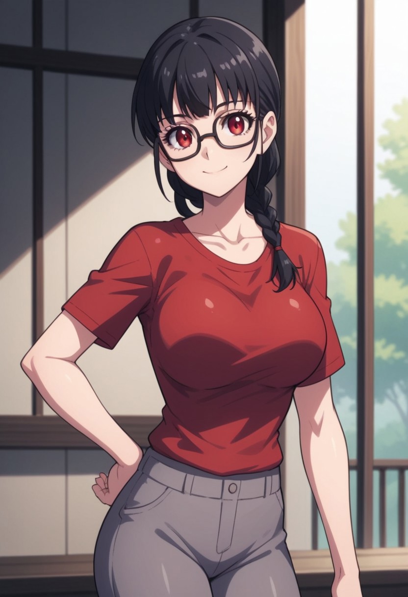 shiizaki lulu, 1girl, solo, glasses, black hair, braid, large breasts, red eyes,taut shirt, grey pants, black pantyhose, standing, hand on hip, smile, score_9, score_8_up, score_7_up, score_6_up, score_5_up, score_4_up