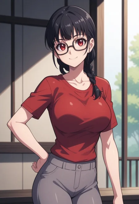 shiizaki lulu, 1girl, solo, glasses, black hair, braid, large breasts, red eyes,taut shirt, grey pants, black pantyhose, standing, hand on hip, smile, score_9, score_8_up, score_7_up, score_6_up, score_5_up, score_4_up