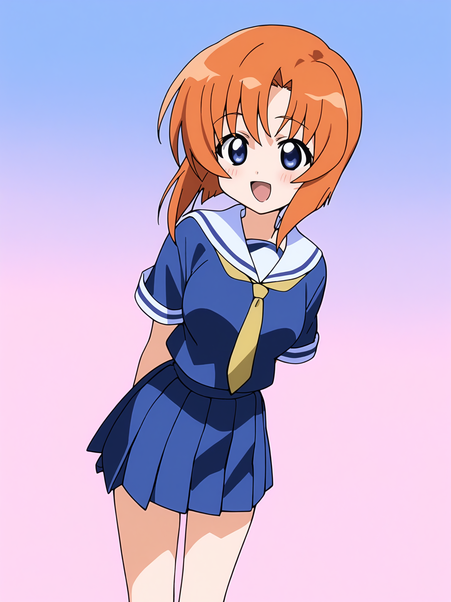 score_9, score_8_up, score_7_up, source_anime, anime screencap, masterpiece, best quality, very aesthetic, absurdres, <lora:0r0P00W0n0j0O0kqLPony_LoRA_V1>, 1girl, ryuuguu rena, solo, teenage, kawaii, blue eyes, blush, open mouth, orange hair, short hair, big breasts, simple background, white background, blue school uniform, serafuku, skirt, smile, pleated skirt, blue skirt, necktie, yellow necktie