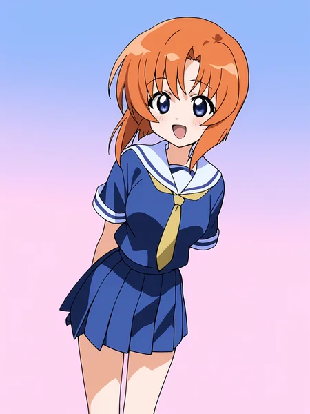 score_9, score_8_up, score_7_up, source_anime, anime screencap, masterpiece, best quality, very aesthetic, absurdres, <lora:0r0P00W0n0j0O0kqLPony_LoRA_V1>, 1girl, ryuuguu rena, solo, teenage, kawaii, blue eyes, blush, open mouth, orange hair, short hair, big breasts, simple background, white background, blue school uniform, serafuku, skirt, smile, pleated skirt, blue skirt, necktie, yellow necktie
