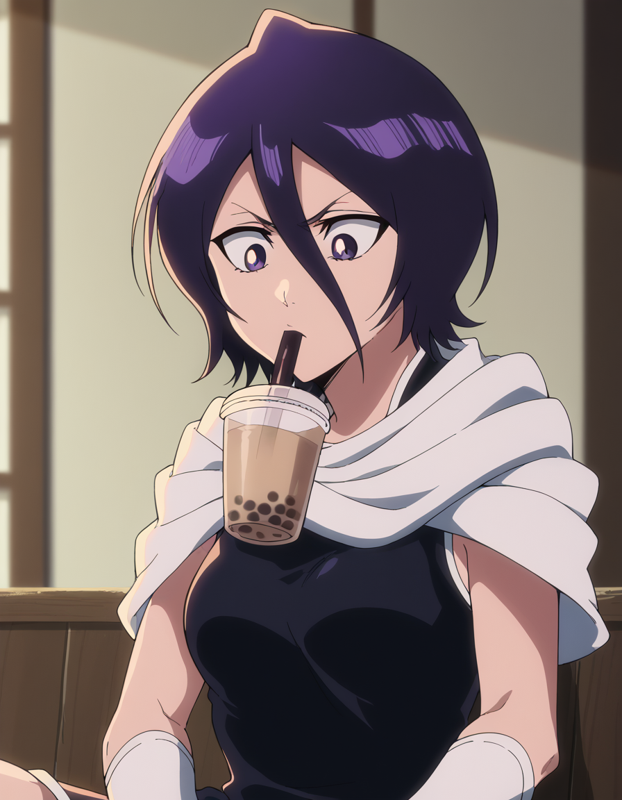 score_9, score_8_up, score_7_up, source_anime, <lora:rukia-kuchiki-tybw-ponyxl-lora-nochekaiser:1>, rukia kuchiki, black hair, hair between eyes, purple eyes, short hair, medium breasts, anime screencap, <lora:bubble-tea-challenge-ponyxl-lora-nochekaiser:1>, bubble tea challenge, bubble tea, object on breast, drinking straw, drinking straw in mouth, drinking, cup,, indoors, sitting, looking down, , cowboy shot, solo