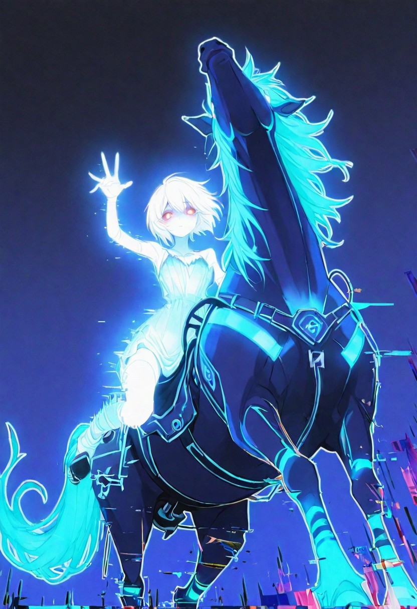 score_9, score_8_up, score_7_up, 1girl, anime waifu, riding horse, side saddlexxx667_illu, glowing, glitch
