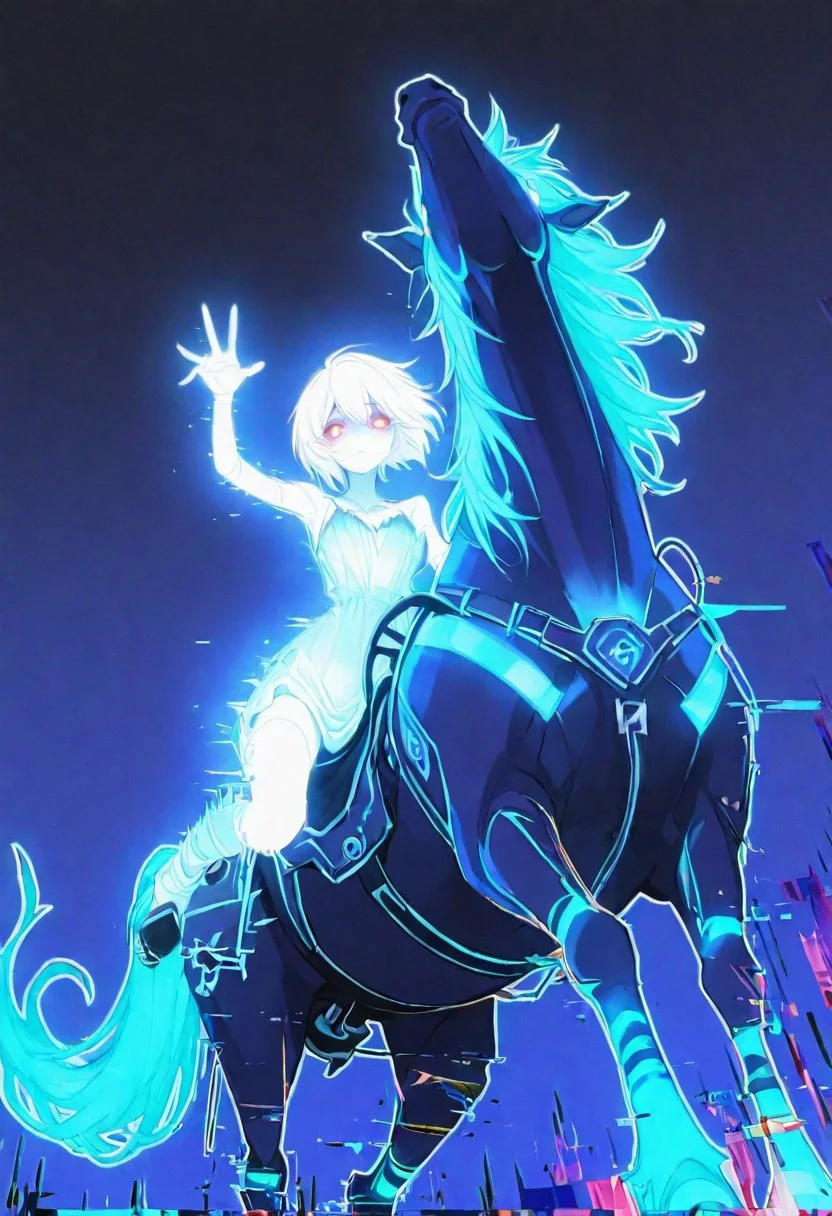 score_9, score_8_up, score_7_up, 1girl, anime waifu, riding horse, side saddlexxx667_illu, glowing, glitch