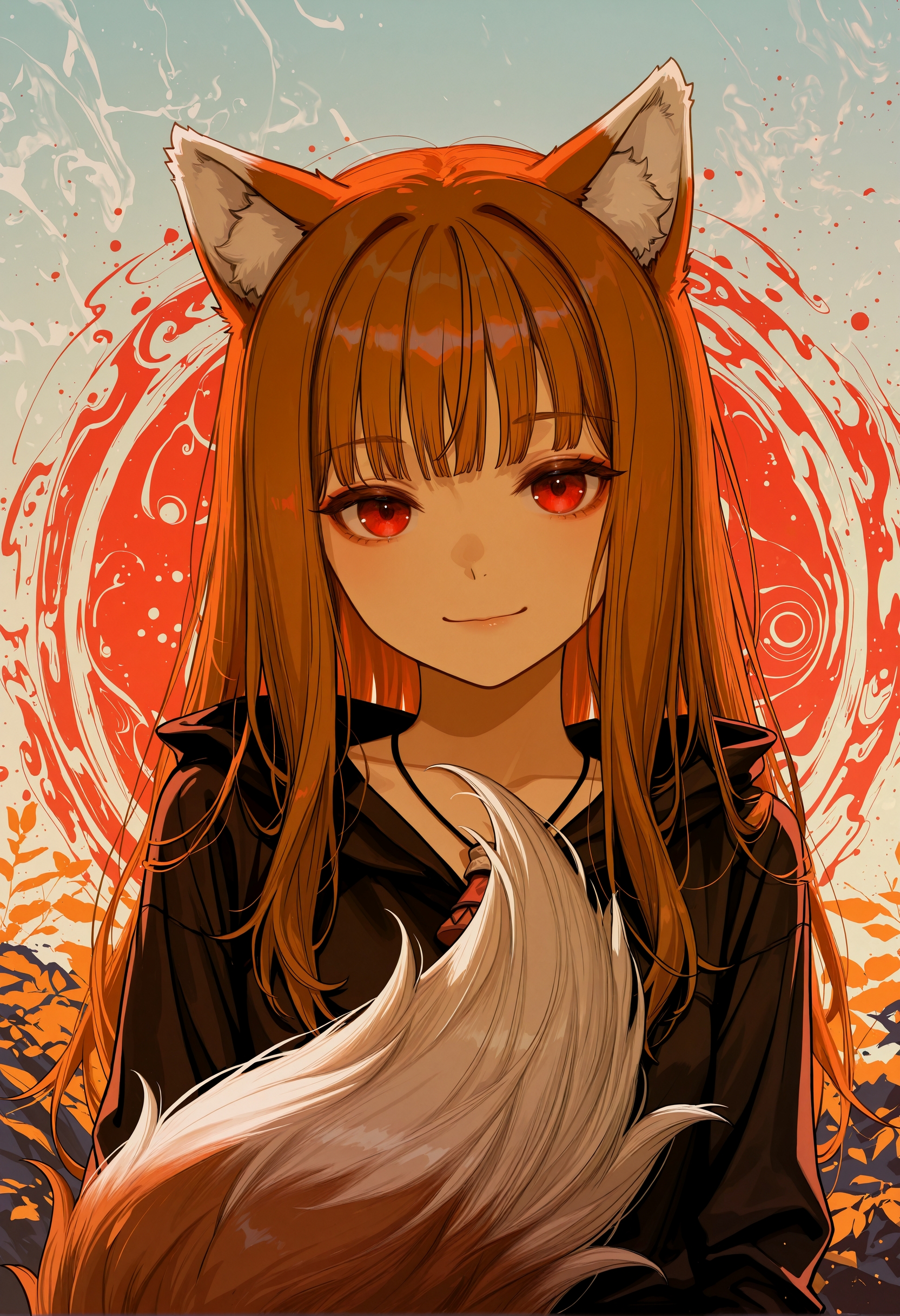 masterpiece, best quality, amazing quality, very aesthetic, absurdres, newest, cvle01, 1girl, solo, (minimalism:1.2), abstract, holo, spice-and-wolf, wolf-ears, wolf-tail, red-eyes, looking-at-viewer, smile, abstract-background, two-tone-background, gradient-background, detailed-eyes, detailed hair, volumetric lighting, realistic-lighting,