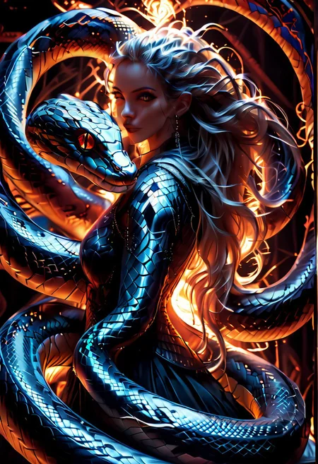 score_9, score_8_up, score_7_up, score_6_up, full body painting of a female slowly turning into a snake, (((sn4ke))), horrifically captivating beauty, blue and black color scheme , very long hair, hair wrapped around body, snake eyes,, enticing the viewer closer, painted in style of clive barker, inspired with hellraiser like design, dark shot, shadows, dim light, field of depth, dark light, red and black theme, abandonment in background, despair,
BREAK
cinematic angle, unique perspective, dramatic lighting