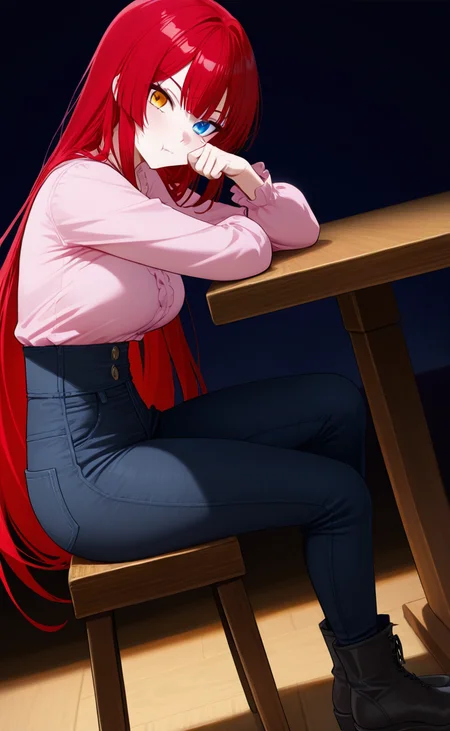 Eye-level angle, (from side), feet focus, 1girl, unearthly beauty, walking toward viewer, red hair, extra long hair, heterochromia, soft peach blouse with high-waisted black jeans and ankle boots, expression mouth open silent, cheek pinch, In the dimly lit basement, a worn leather chair, wooden table, 