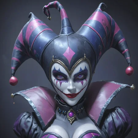 <lora:Crimson_LuminarySDXL:1> ArsMJStyle, Crimson Luminary, The image shows a woman wearing a jester's hat and a purple and black outfit with a dark background. She is wearing a costume inspired by the character Harley Quinn from the video game League of Legends., 1girl, solo, high collar, hat, makeup, looking at viewer, facepaint, jester cap, smile, lipstick