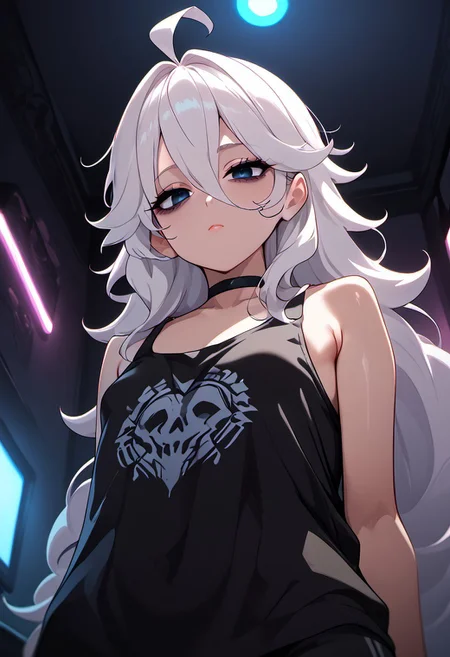 score_9, score_8_up, score_7_up, fFaceDetail, 1girl, Shadwo, Goth girl, solo, black_eyes, white_hair, grey_hair, very_long_hair, messy_hair, hair_between_eyes, ahoge, small_breasts, bags_under_eyes, black choker, black oversized tank top, clothes lift, Expressiveh, looking at viewer, sexy hips, view under clothes, from below, looking down, dynamic angle, detailed background, indoors, gaming bedroom, night, neon lights, highly detailed, dark theme, dim lighting, cowboy shot, low angle
