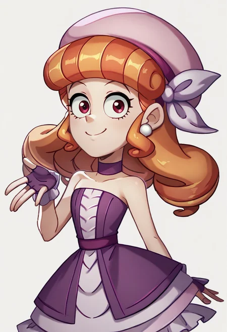 score_9, score_8_up, score_7_up BREAK TeoV, 1girl, orange hair, hair drills, red eyes, white pearl earrings, pink beret, lavender hair bow, purple choker, frilly purple fingerless gloves, open strapless purple fitted bodice jacket, purple belt, pink lavender layered dress, striped purple stockings, high-heeled purple boots, smiling at viewer, full body,