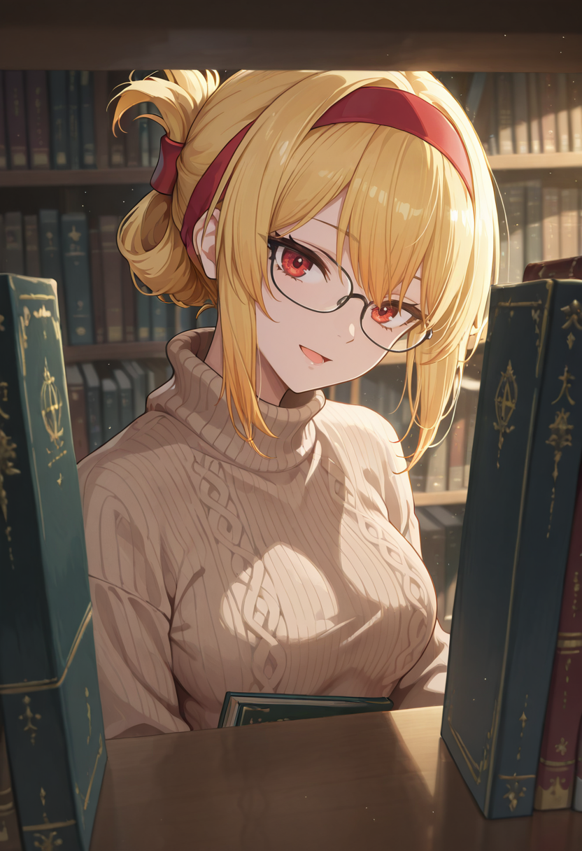 1girl, solo, anime coloring, anime artwork, unholy-aesthetic, masterpiece, best quality, newest, absurdres, highres, safe, CG, cinematic lighting, natural shadow, highest detail, detailed background, intricate scenery, depth of field, insane details, intricate, subsurface scattering, very aesthetic, serene atmosphere, artistic rendering, dramatic contrast, luminous elements, soft painterly texture, striking visual design, finely detailed face, beautiful face, dutch angle, cinematic angle, head tilt,
library, light smile, half open mouth, upper body, shelving book,
<lora:kaelaIL:0.45> kaelaIL, folded ponytail, blonde hair, red eyes, tsurime, glasses, medium breasts, red hairband,
sweater, brown sweater, sweater dress, turtleneck sweater,
<lora:through_the_bookshelf:1> ,through the shelf,bookshek,bookshelf,across the book shelf,depth of field