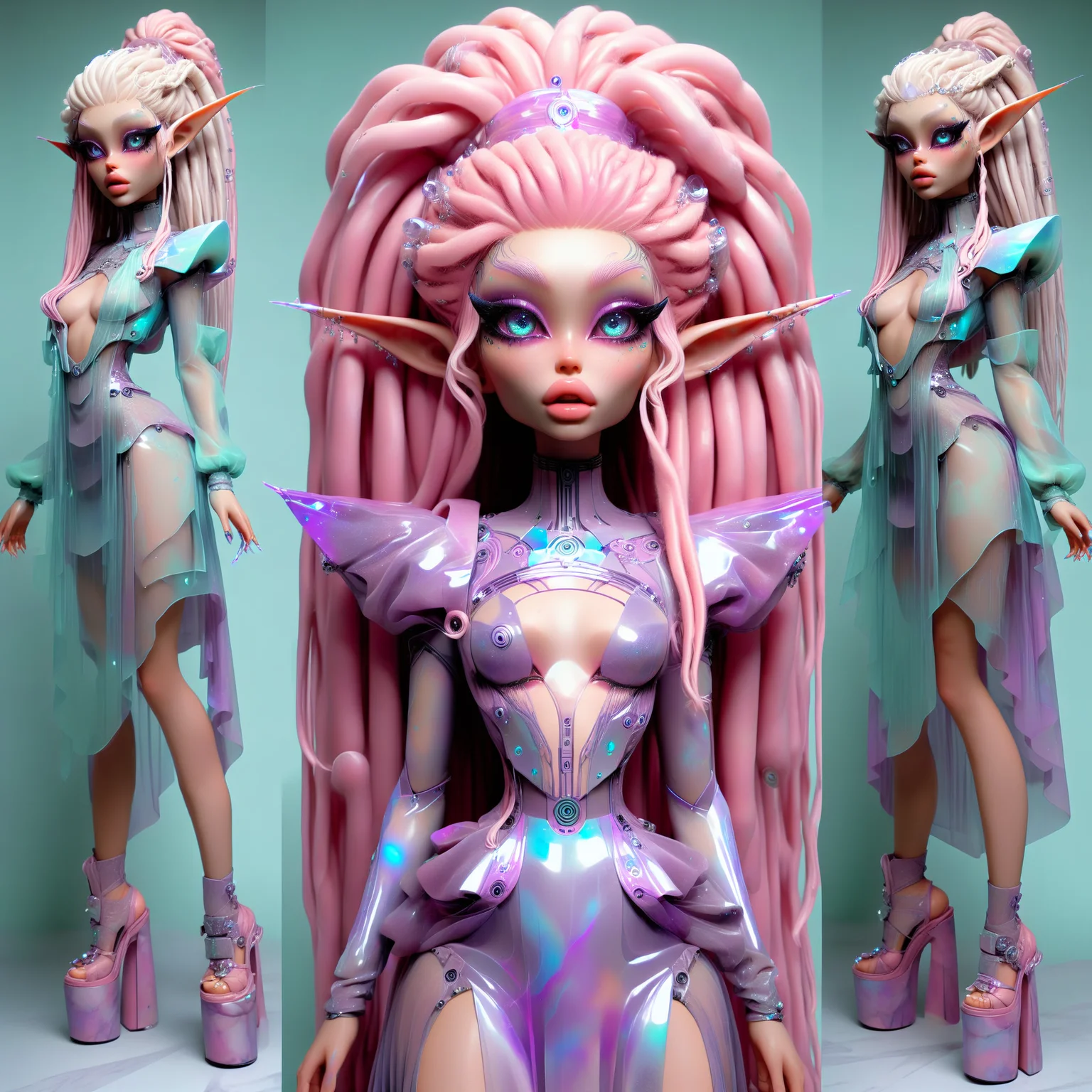 <lora:AlinaXL:0.6> <lora:DMarbleStone:0.8> <lora:Dallegirls:0.8> beautiful elf girl with big detailed eyes and huge lips , light glitter marble stone skin , 1890s style dress made of translucent and metallic plastic, nouveau cyberpunk anime, edwardian cyberpunk, fashion photography, pastel washed, neon translucent, directed by Wes Anderson ,8k, extreme detailed , colorful , highest detailed