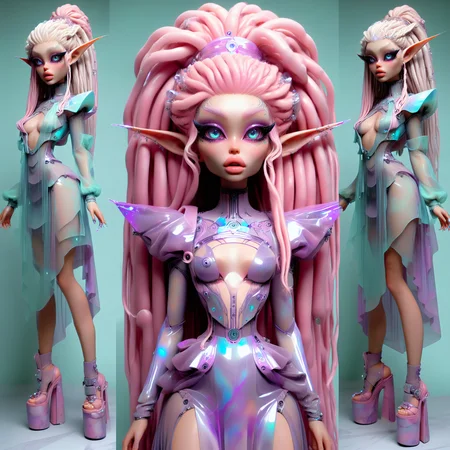 <lora:AlinaXL:0.6> <lora:DMarbleStone:0.8> <lora:Dallegirls:0.8> beautiful elf girl with big detailed eyes and huge lips , light glitter marble stone skin , 1890s style dress made of translucent and metallic plastic, nouveau cyberpunk anime, edwardian cyberpunk, fashion photography, pastel washed, neon translucent, directed by Wes Anderson ,8k, extreme detailed , colorful , highest detailed