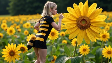 cinematic photo a (25 year old girl:1.5), she has huge bee wings attached to her back and bee antennae attached to her head, she's wearing a( black and yellow:1.2) horizontally striped figure hugging lycra minidress, the dress has a human sized (fuzzy bee abdomen attached sticking out at the butt:1.3)
she has blonde hair in a bob cut, she has a slim figure and long legs, she has medium sized breasts
she's hovering in midair in front of a enormous flower, the flower is bigger than the girl, ready to drink it's nectar through a long straw, the straw is held in her hand with the end (stuck into the flower:1.3)
she's in a meadow of enormous wild flowers,, score_9, score_8_up, score_7_up, hyperdetailed, hyperrealistic, best quality, (masterpiece:1.3),high-definition, intricate details, volumetric lighting, symmetrical face, level eyes, . 35mm photograph, film, bokeh, professional, 4k, highly detailed