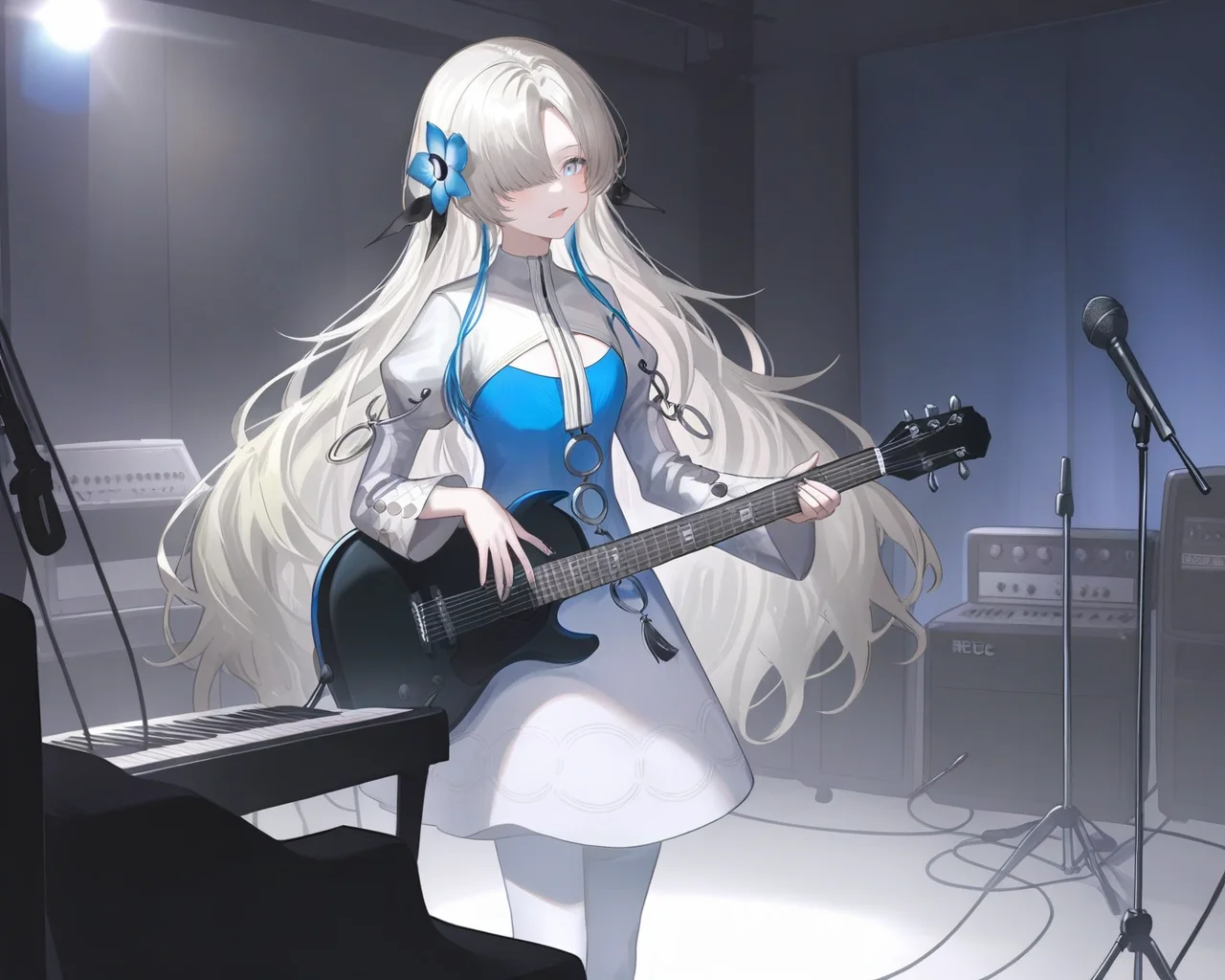 1girl, isekaijoucho, isekai joucho,
blue hair flower, gray wavy long hair, hair over one eye, multicolored hair, white blue two-tone dress, blue white gradient dress, puffy long sleeves, white pantyhose, high heel boots,
singing, (smile:0.3), eyes open, mouth open, indoor, recording studio, bokeh, outstreached arm, playing guitar, mic stand, standing, cowboy shot, musical band, man playing guitar, man playing drums, man playing keyboard \(instrument\),
masterpiece, best quality, very aesthetic,
<lora:neg4all_bdsqlsz_xl_V91:1>, <lora:Isekaijoucho_anmgn31_C:0.8>,