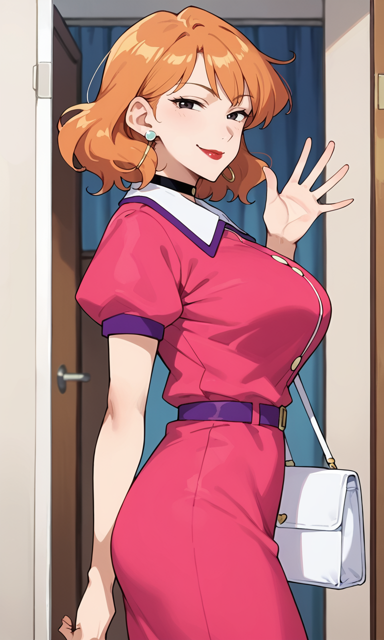 (1girl:1.5), (solo:1.3), (score_9, score_8_up, score_7_up, score_6_up, score_5_up, score_4_up), (source_anime), rating_questionable, looking at viewer, (cowboy shot:1.3), indoors, hospital room,
 <lora:matsuzaka-take_v2:0.8> (matsuzaka-take), (smirk:1.5), (black eyes, eyelashes, orange hair, medium hair, bangs, earrings, red lips), (pink dress, collared dress, white collar, purple trim collar, puffy short sleeves, purple belt, black choker, white handbag), (large breasts), doorway, waving, standing, 
 (from side, smile:1.3)