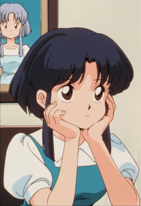 1girl, solo, retro artstyle, tendoakane,furinkanuniform,white shirt, puffy sleeves, short sleeves, dress, puffy short sleeves, blue dress, retro artstyle, bangs, sidelocks, upper body, portrait, indoors,closed mouth, short hair, short hair with long locks, hand on own face, hand on own cheek, looking to the side, head rest,<lora:akane tendo_xl_v2:0.7>,