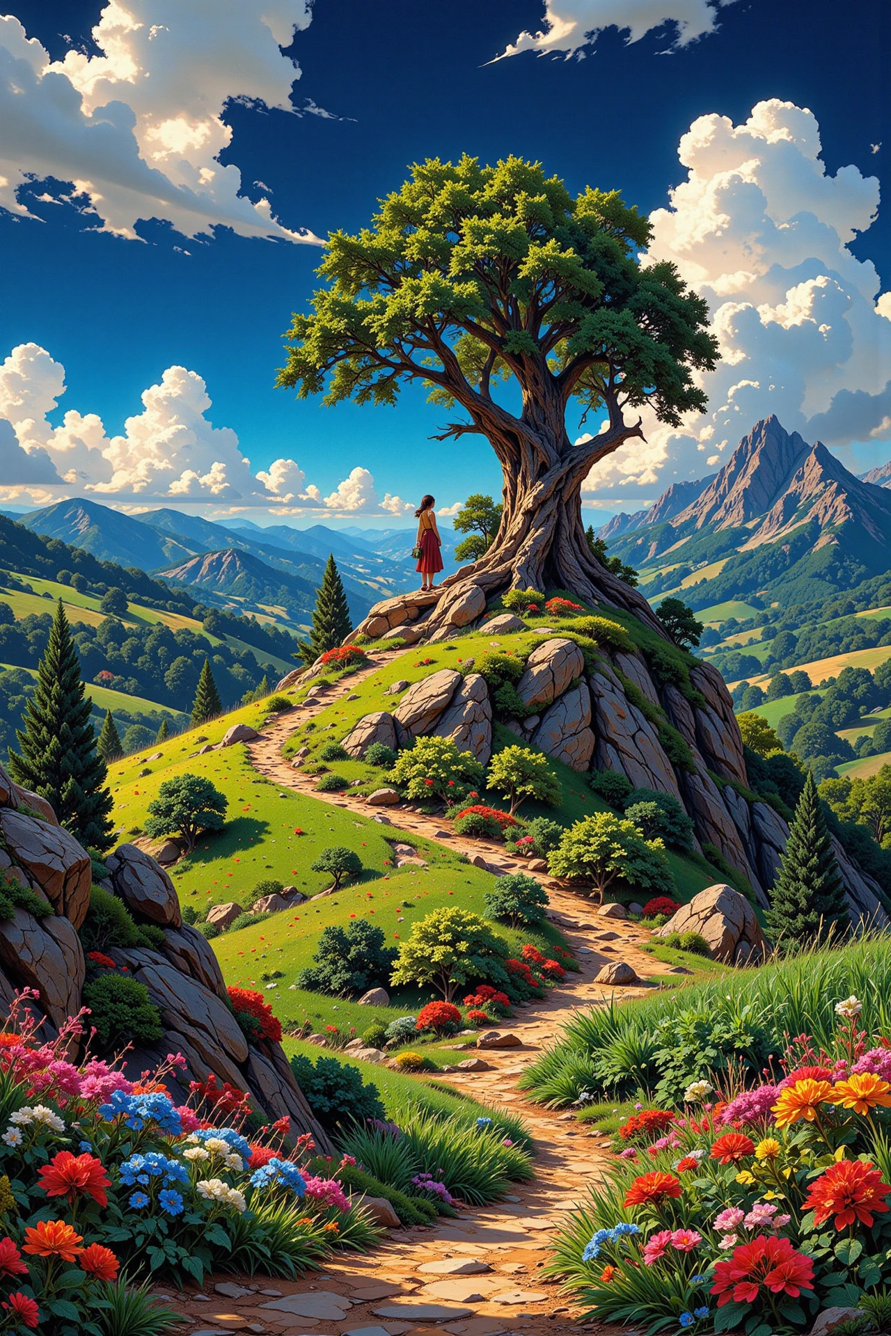hill beautiful  landscape, noon, woman, very intricate, very detailed, sharp, bright, colorful, <lora:Hand v2:0.5> <lora:Anti-Blur:1><lora:Insane Detail Slider:0.25>  <lora:flux.1_lora_flyway_Epic-detail_v2:0.3> <lora:fluxenhancer:0.25>  <lora:Anime art - Variant 1:1>