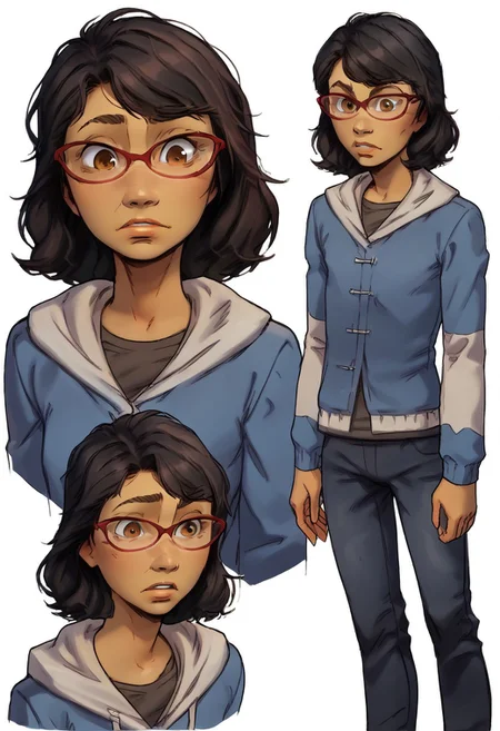 score_9, score_8_up, score_7_up, score_6_up, score_5_up, score_4_up, conceptart,multiple views,white background,simple background,<lora:concept:1>,
1girl, solo,,
Sarah_TWD,, , brown eyes, black hair, medium hair, dark skinned , ,, young face, ((red frame glasses, blue and white hooded jacket, dark-gray shirt, blue jeans pants, gray boots,)),, young, flat chest,
<lora:princess_xl_v1:0.7>, <lora:Expressive_H:0.6>, <lora:incase-ilff-v3-4:0.5>, <lora:MysticalPlantPenetratorPDXL:0.5>, <lora:SarahTWD:1>