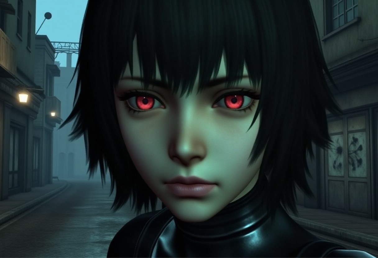1girl, Close-up of a mysterious anime girl, 20s, pale skin with a ghostly glow, intense crimson eyes with a haunted expression, wet black hair dripping water, strands covering part of her face, subtle raindrops on her cheeks, glossy pink lips with a sad look, wearing a tight black outfit with reflective texture, background of a rainy urban alley at night, blurred old buildings with cracked windows and hanging wires, faint streetlamp light casting wet reflections, cold blue-green tones, look with hatred , low poly, d4i5y, gothic makeup,  si1enthi113, playstation 2 screenshot,  ps2 style <lora:ps2-style:0.9>