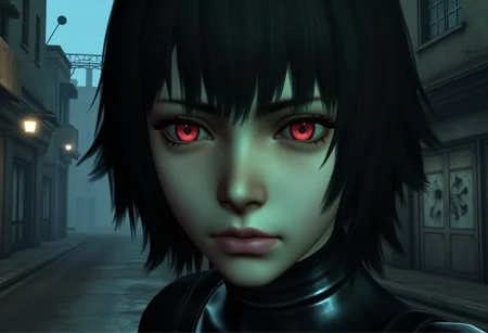 1girl, Close-up of a mysterious anime girl, 20s, pale skin with a ghostly glow, intense crimson eyes with a haunted expression, wet black hair dripping water, strands covering part of her face, subtle raindrops on her cheeks, glossy pink lips with a sad look, wearing a tight black outfit with reflective texture, background of a rainy urban alley at night, blurred old buildings with cracked windows and hanging wires, faint streetlamp light casting wet reflections, cold blue-green tones, look with hatred , low poly, d4i5y, gothic makeup, si1enthi113, playstation 2 screenshot, ps2 style <lora:ps2-style:0.9>