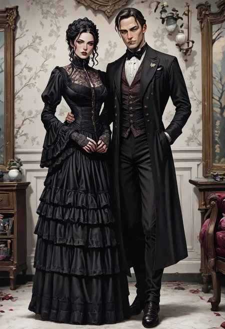 masterpiece, best quality, newest, absurdres, highres, FCMXV1.0, VGE-V1.0, goth fashion, victorian ,1boy, VGE-V1.0, goth fashion, victorian formal,