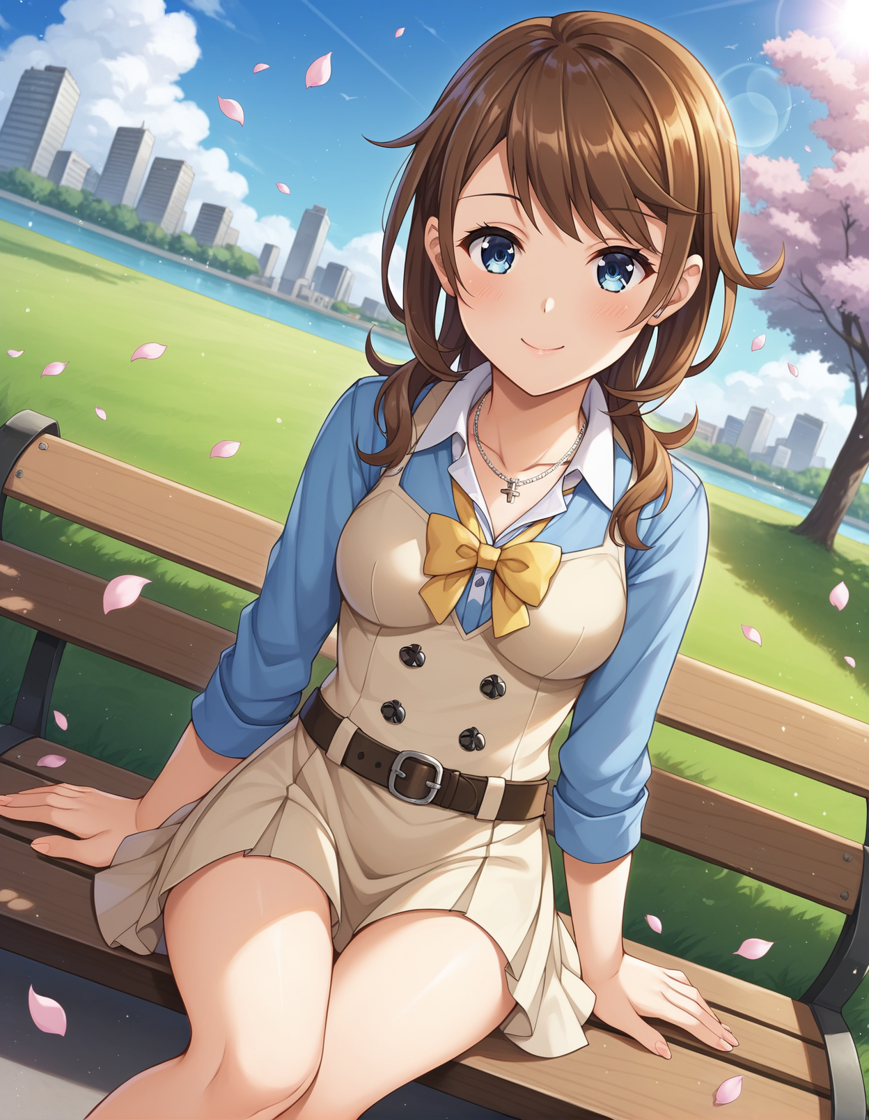 score_9, score_8_up, score_7_up, source_anime, rating_explicit, BREAK <lora:minatoTsukishima_XL-Pony_LoRA-C3Lier_8-8-8-8_AdamW_Un3e-4_Te1.5e-4_10batch>, tsukishima minato, 1girl, brown hair, long hair, blue eyes, jewelry, necklace, beige dress, blue shirt, yellow bowtie, belt, miniskirt, pleated skirt, smile, happy, dutch angle, sitting, looking at viewer, facing viewer, light particles, light rays, wind, falling petals, cherry blossoms, park bench, park, cityscape, blue sky, cloud, sunlight, lens flare