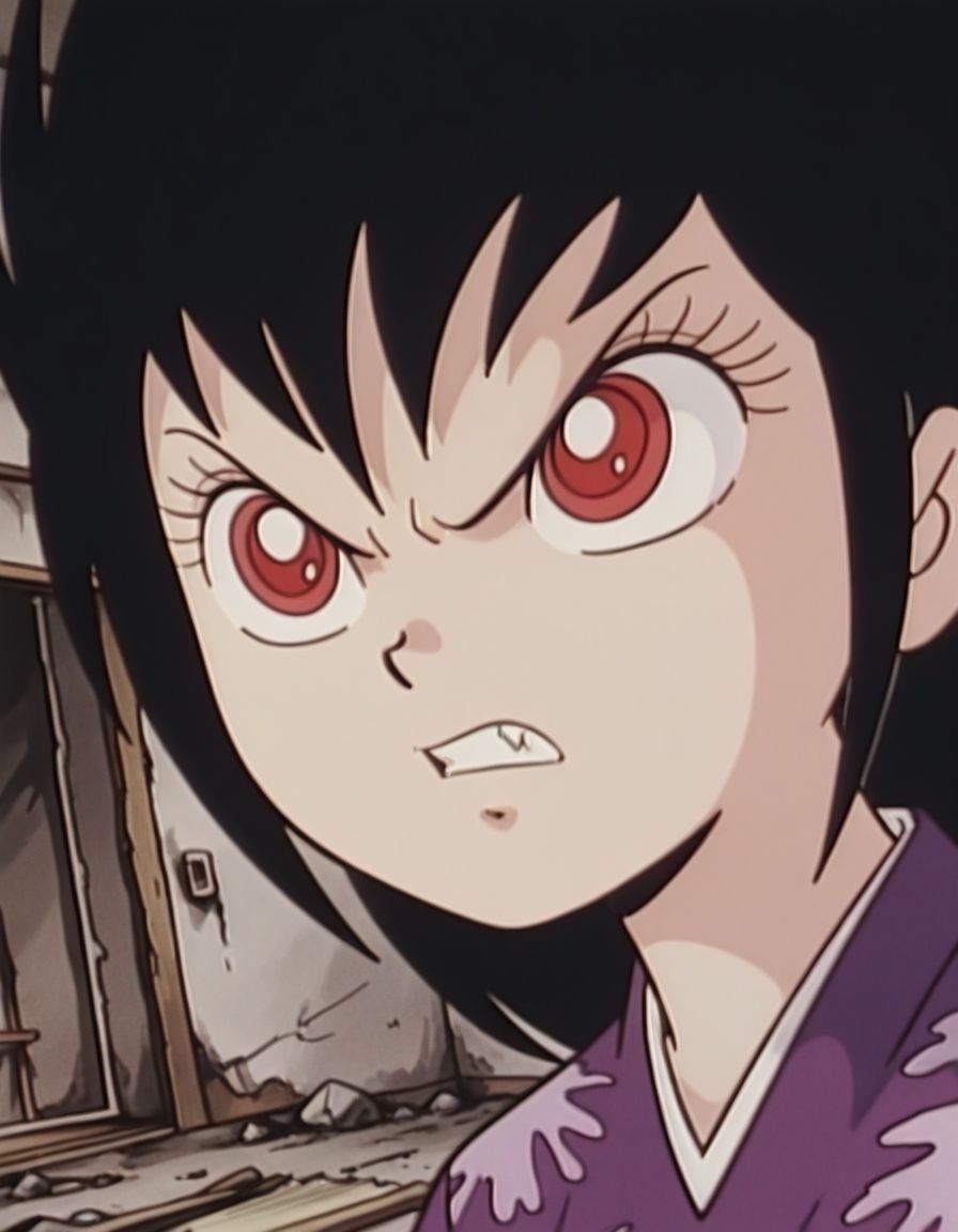 masterpiece, best quality, abandoned japanese bedroom, kimono, angry, teeth, face close-up, solo, 
<lora:0ni:1>, 0ni, 1girl, black hair, long hair, spiked hair, red eyes, 1960s \(style\),