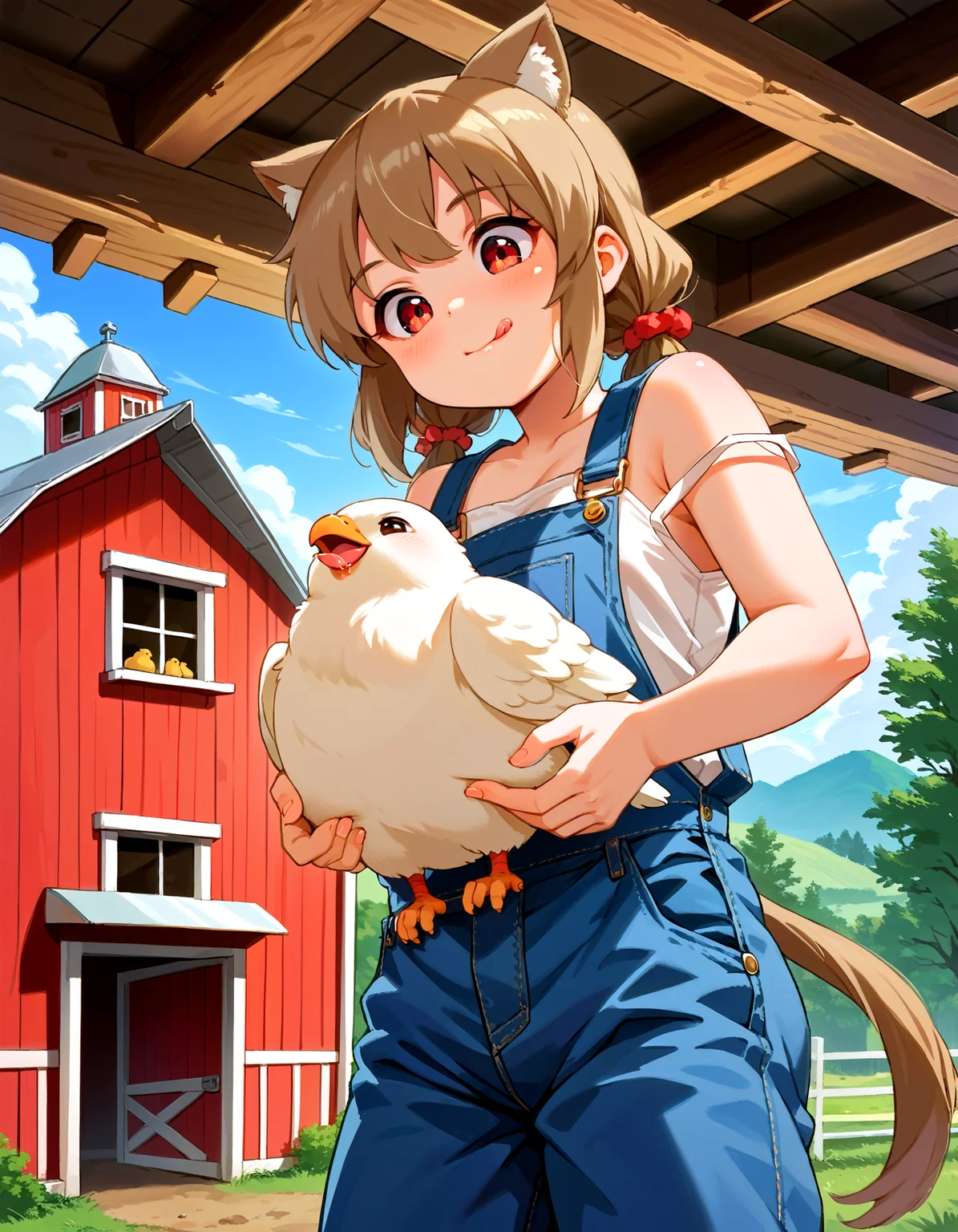 score_9, score_8_up, score_7_up, source_anime,  1girl, solo, korurichan, overalls, bare shoulders, looking down, closed mouth, licking lips, hungry, drool, fang,  three quarter view, standing, carrying, holding chicken,  outdoors, farm  <lora:KoruriChanPonyXL-V1:1>