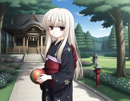 general,highres, ultra-detailed,very aesthetic,best quality ,best hands, BREAK <lora:Rindou_IS:1> Rindou, 1girl, solo, red eyes, long hair, white hair, blonde hair, albino,
black kimono,
day, smile, long sleeves, nature, tree, brown eyes, red eyes, flower, looking at viewer, ball, mari,
forest, bangs, shrine, sky