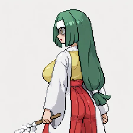 Simple background, white background, <lora:pkspif_nb_v1-2:1>, (((from behind:2.5), from side, middle body, solo, looking away)), 1girl, standing, big breasts, medium ass, <lora:Channeler:1>, Channeler, green hair, long hair, yellow eyes, empty eyes, shaded face, white headband, open mouth, white kimono, yellow shirt, red skirt, hakama, Japanese clothes, Holding stick, serious