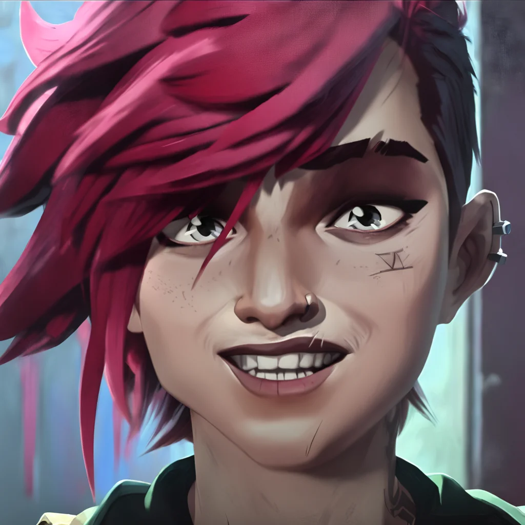 arcane, vi, red hair, light blue eyes, freckles, red jacket, nose piercing, face tattoo, portrait, vi (league of legends), neck tattoo, eyebrow scar, ear piercing, lip cut, smiling, lips parted <lora:vi:1>