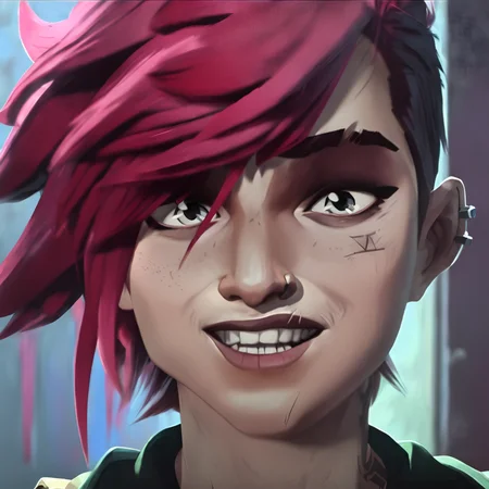 arcane, vi, red hair, light blue eyes, freckles, red jacket, nose piercing, face tattoo, portrait, vi (league of legends), neck tattoo, eyebrow scar, ear piercing, lip cut, smiling, lips parted <lora:vi:1>
