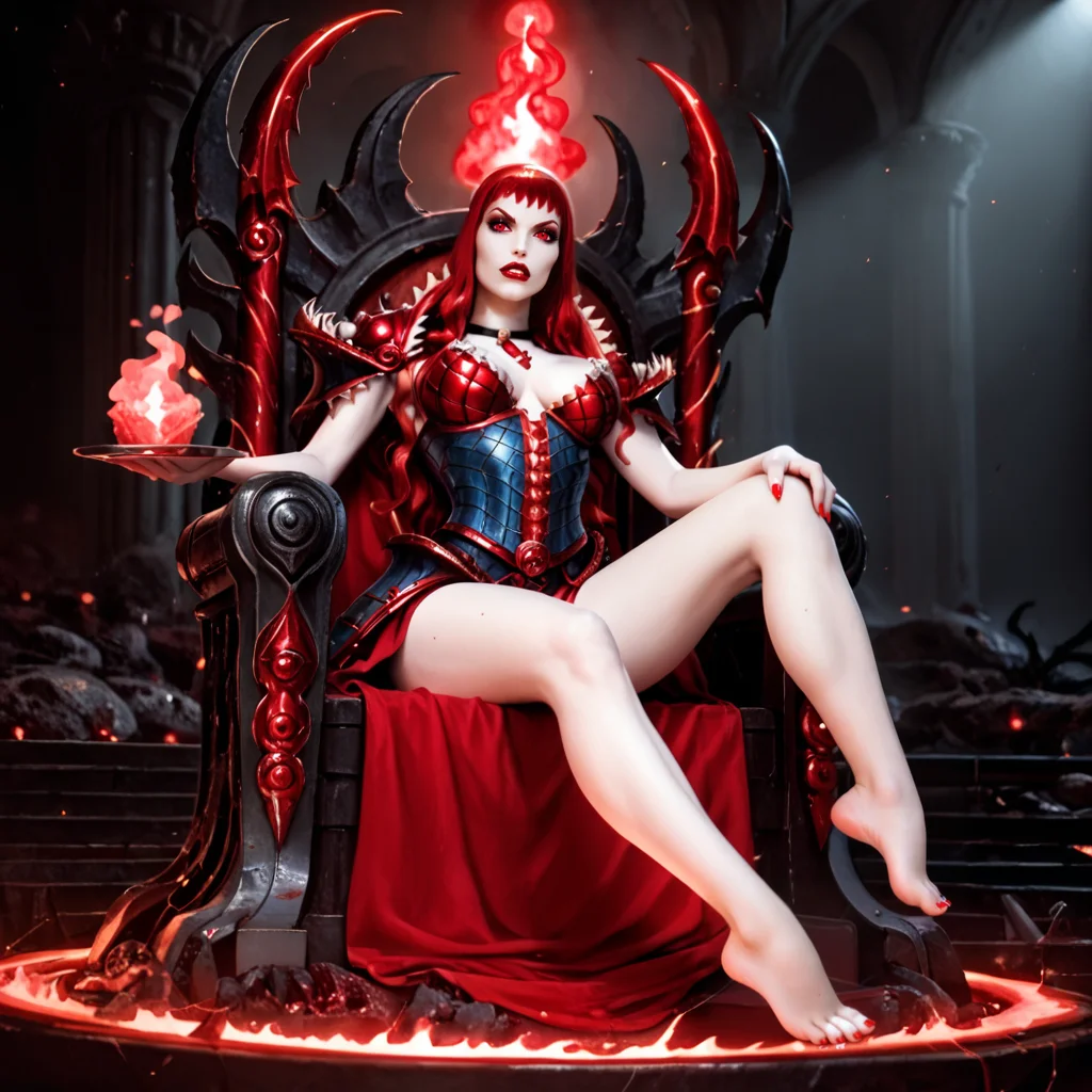 score_9, score_8_up, score_7_up, score_6_up, score_5_up, solo, Elizabeth Bathory an evil vampire woman barefoot sitting arrogantly on red rubies throne, leg crossing, barefoot, red color eyes, ( silver and blue armor of the devil, legplate, breastplate corset armored, , diadem), unnatural very pale skin, red pulpous lips, white toes nails, (golden aura, red glow), gorgeous girl, Kawai girl, perfect lighting , sunny pure background, (hell palace, heavy metal,), dynamic lighting, dynamic angle, good contrast lighting, <lora:Elizabeth_Bathory:1>